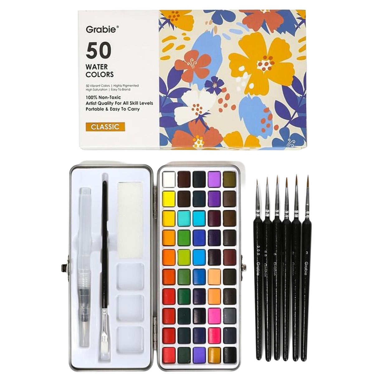 Watercolor set with watercolors, brushes, and a floral packaging design on a white background.