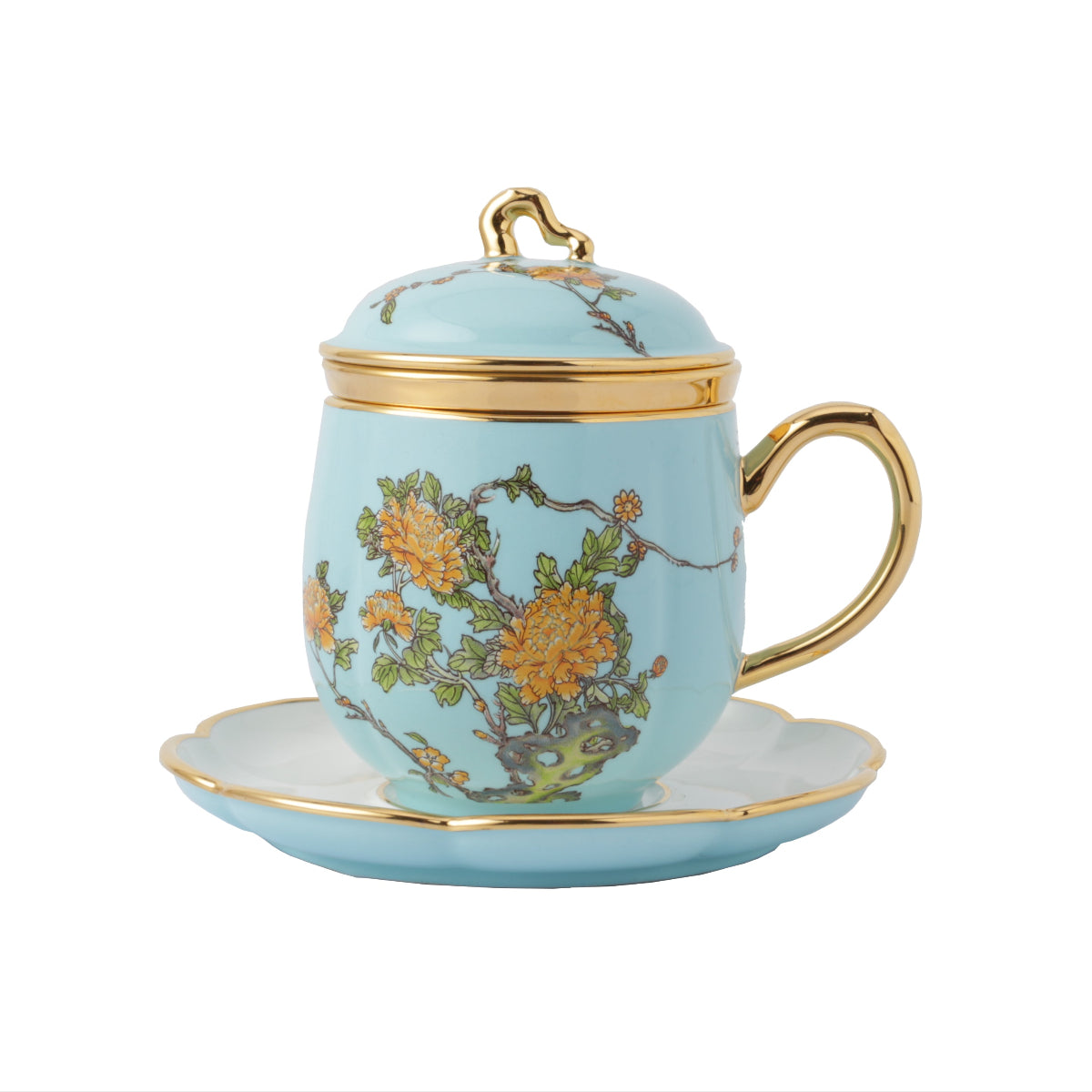 Inspired by the beautiful landscape of the West Lake in Hangzhou, China, this stunning four-piece teacup set is made from highly refined, premium, chip-resistant porcelain and is decorated with traditional Peony blooms on a glossy azure-blue base, accented with luxurious gold metallic. This set contains a lidded teacup, petal-shaped saucer, and porcelain tea strainer