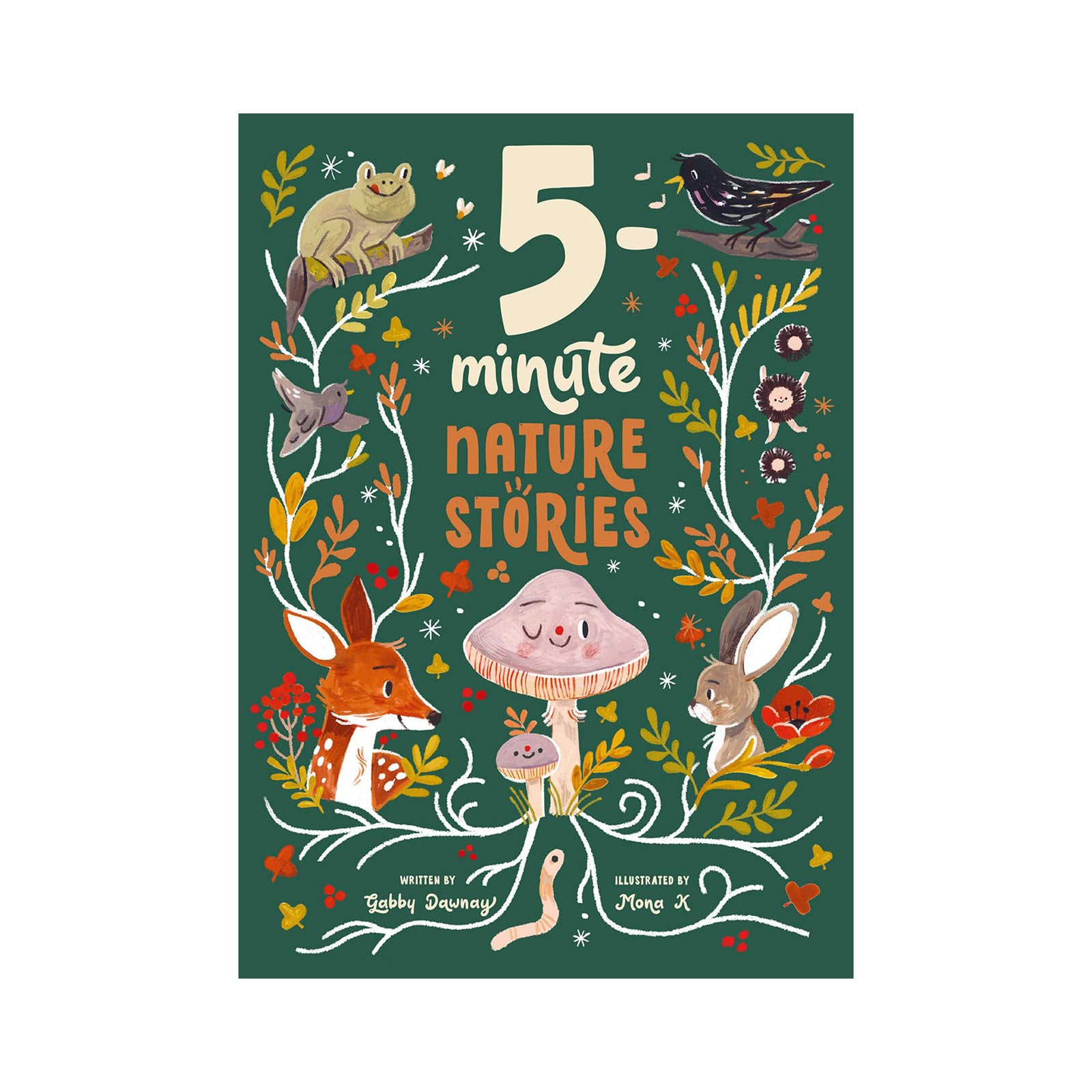 Book cover of '5 Minute Nature Stories' with illustrations of animals and nature elements on a green background.