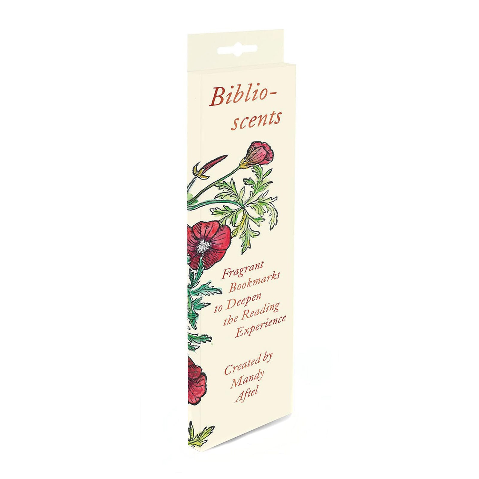 A box of Biblioscents fragrant bookmarks with scratch-and-sniff surfaces, featuring illustrations of flowers and the brand name.