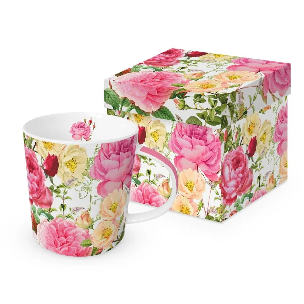 Floral mug and matching gift box on a white background