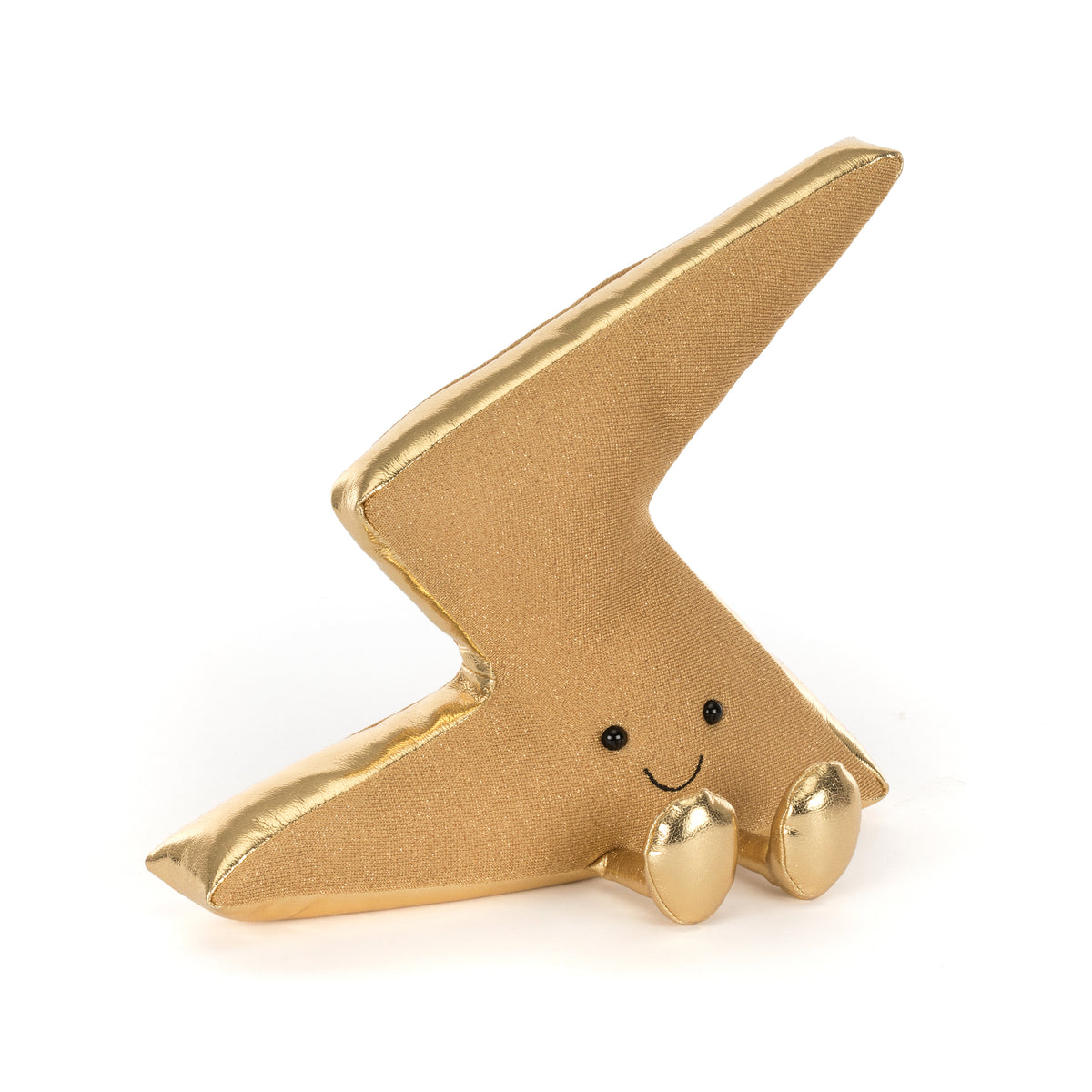 Gold lightning bolt-shaped Jellycat Amuseables Zapperty figurine with a smiling face on a white background