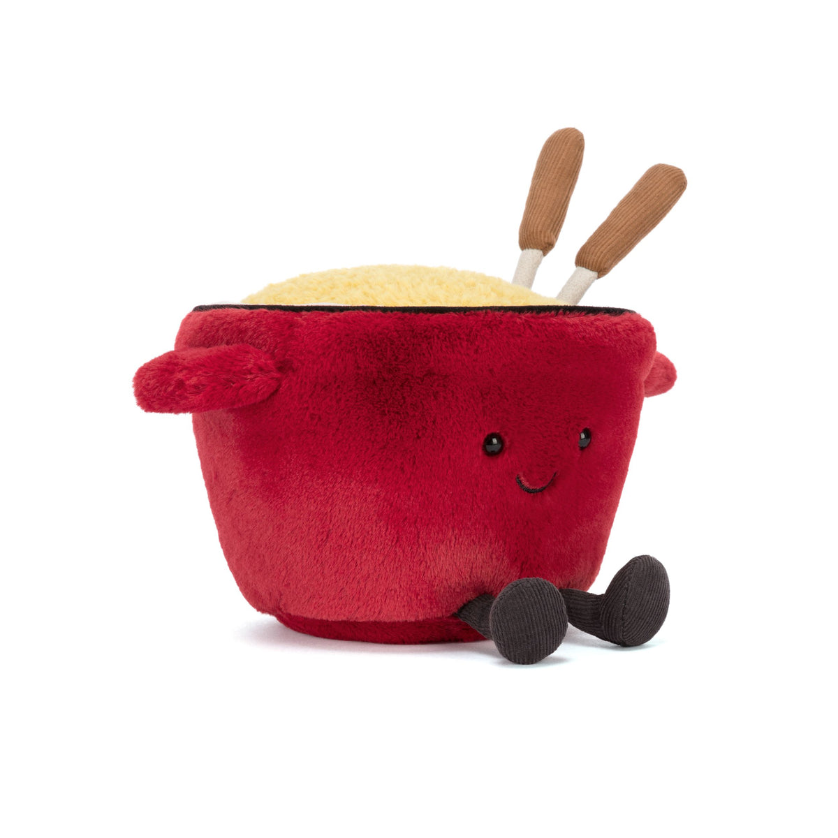 Plush Jellycat toy resembling a red cheese fondue pot with a yellow interior and wooden spoons on a white background
