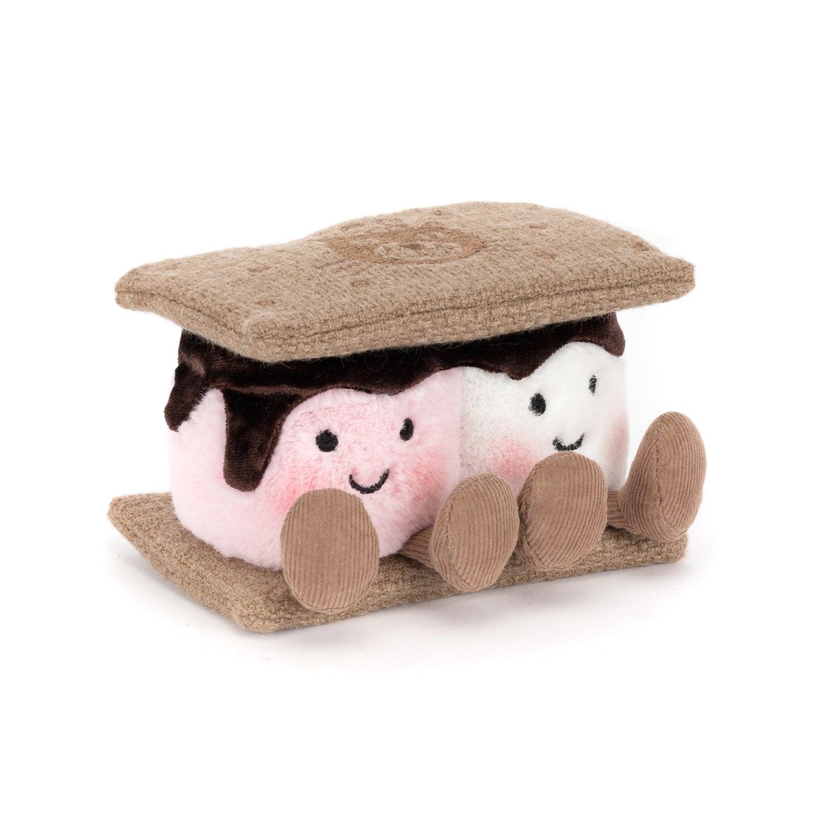 Jellycat plush s'mores with marshmallows and chocolate on a white background