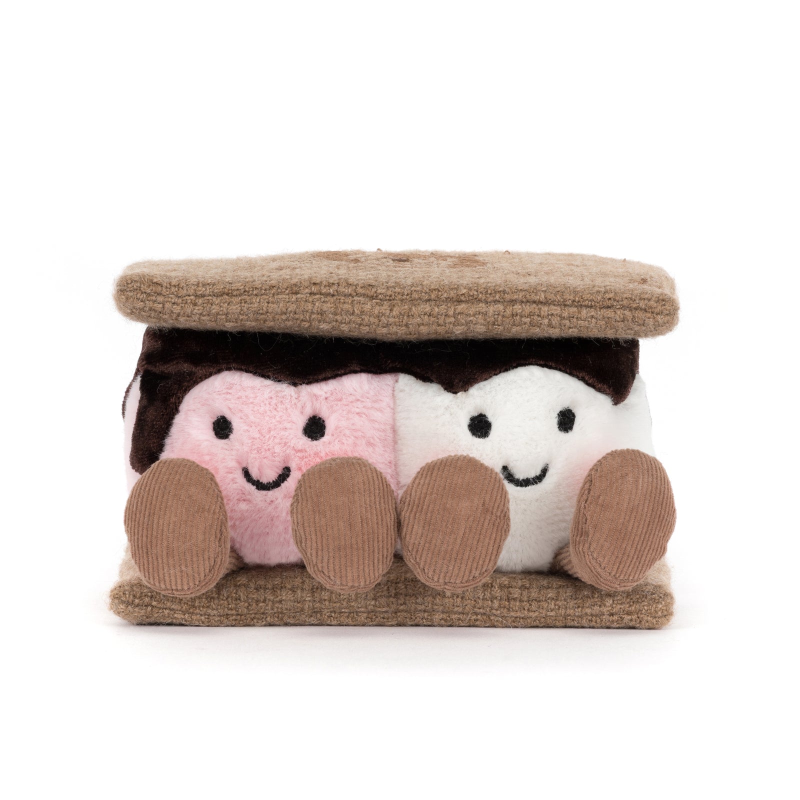 Jellycat plush s'mores with marshmallows and chocolate on a white background