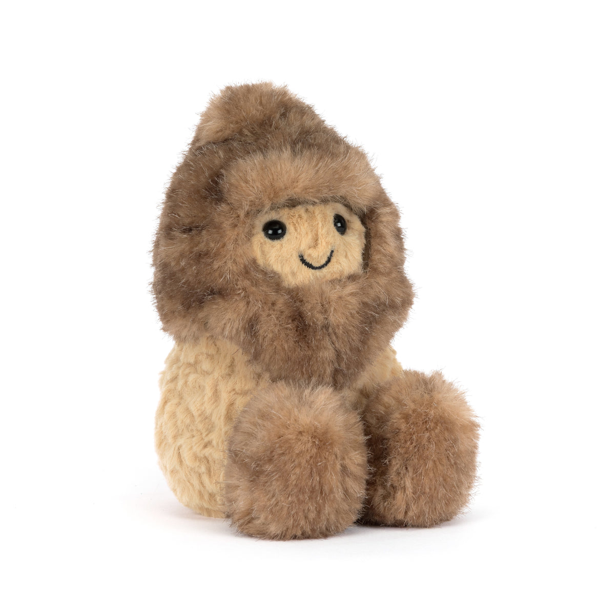 Plush toy Jellycat peanut in yeti outfit with a smiling face on a white background