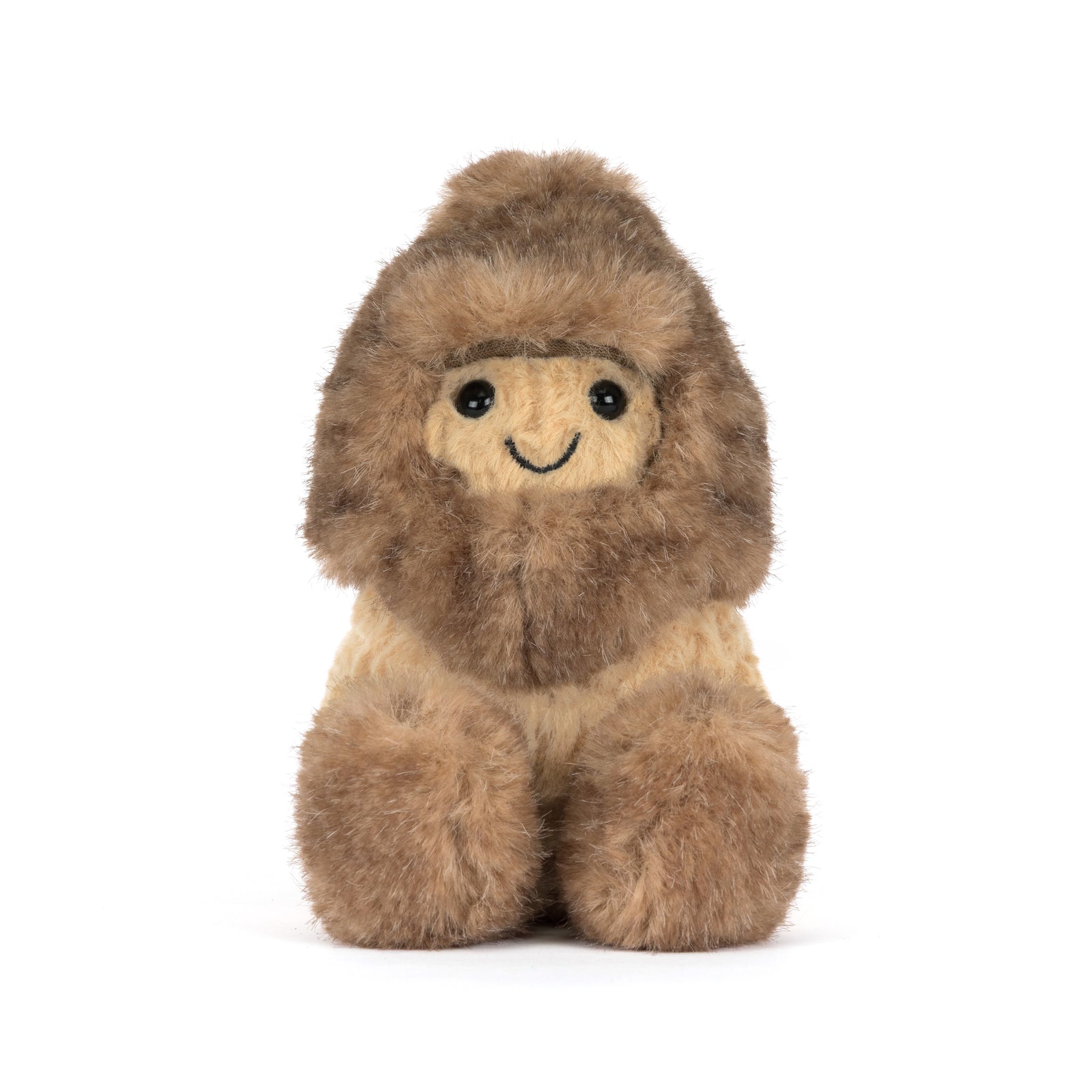 Plush toy Jellycat peanut in yeti outfit with a smiling face on a white background