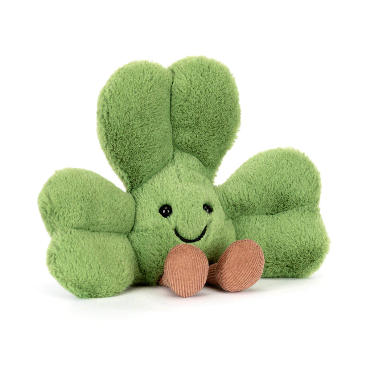 Green Jellycat Shamrock-shaped plush toy with a happy face on a white background