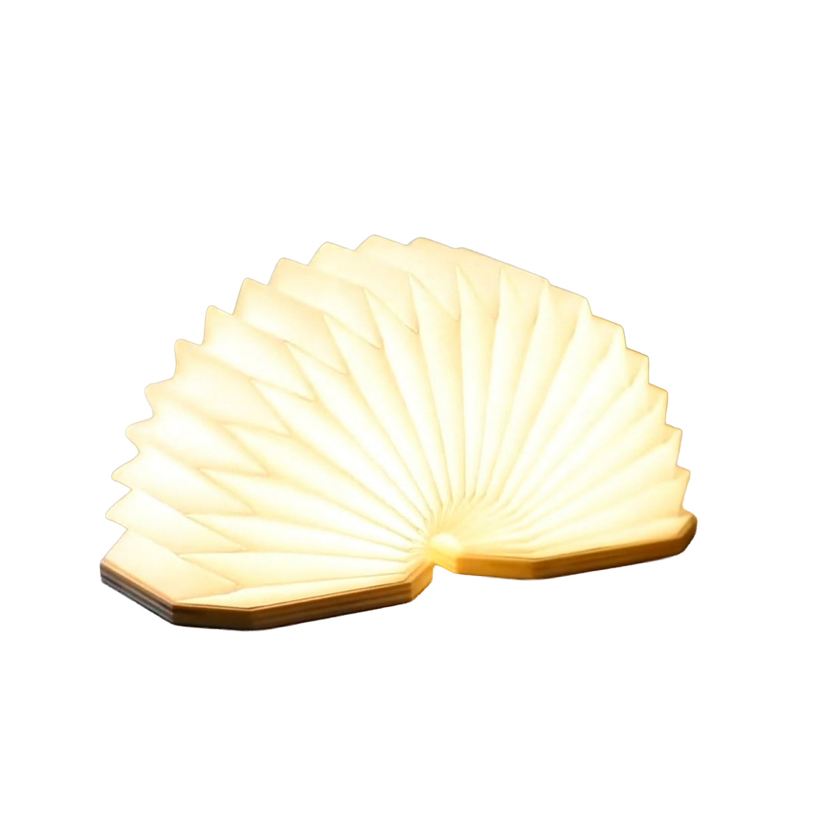A modern, fan-shaped table lamp with a warm glowing LED light inside a translucent white or cream plastic shell, resting on a dark wooden base against a solid white background.