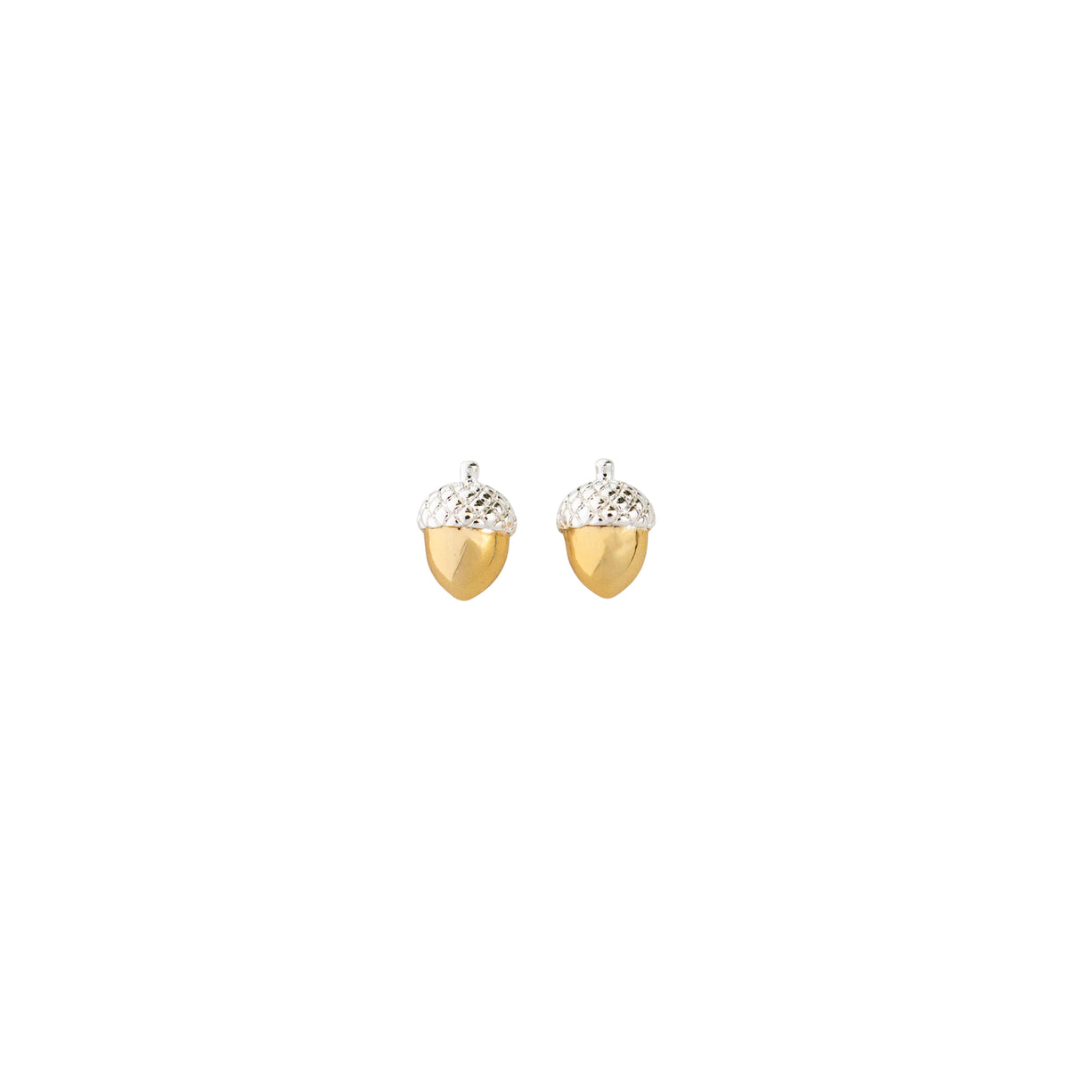 Small acorn-shaped stud earrings in polished silver and gold on a white background.