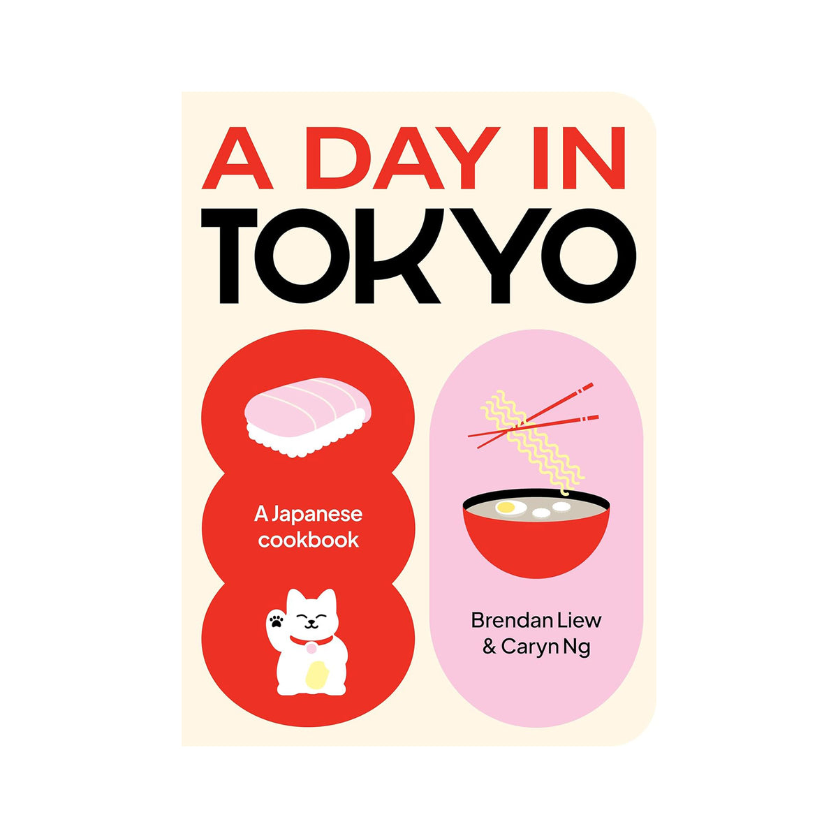 Book cover of 'A Day in Tokyo' with illustrations of sushi, noodles, and a cat on a beige background.