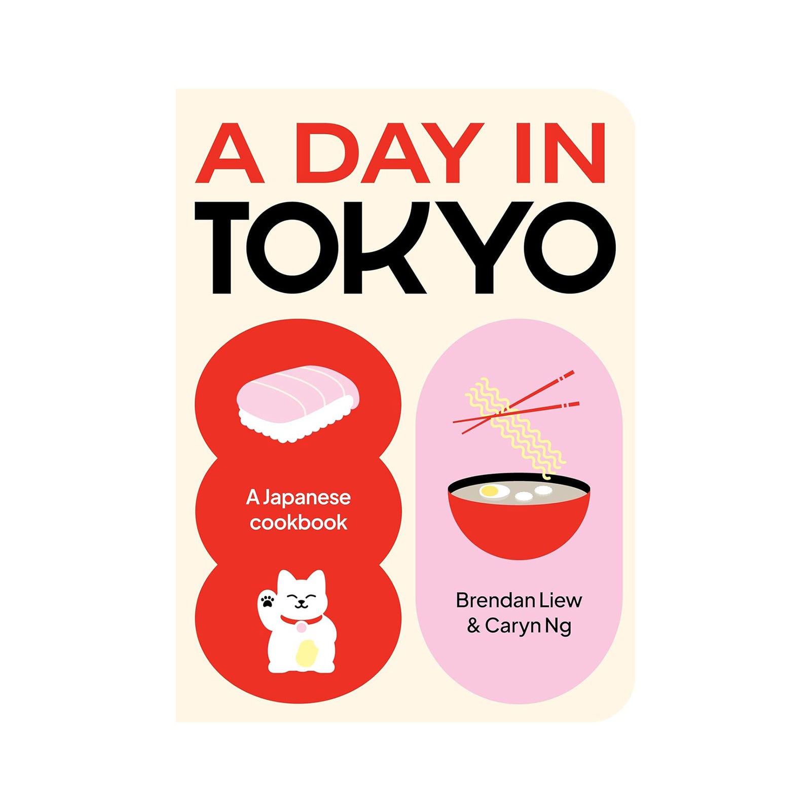 Book cover of 'A Day in Tokyo' with illustrations of sushi, noodles, and a cat on a beige background.