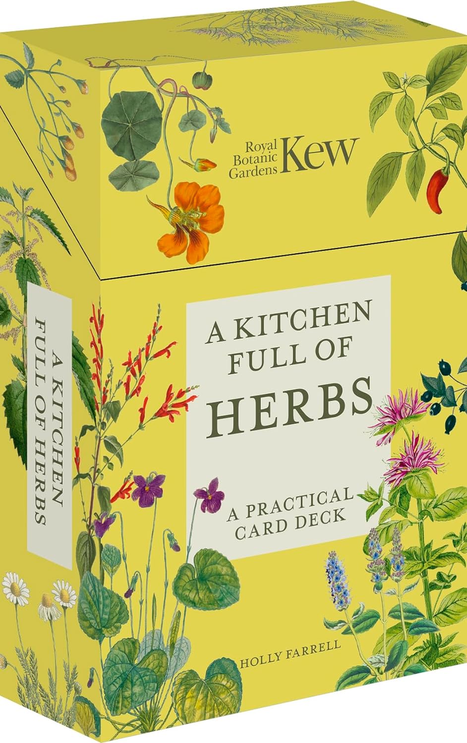 A boxed practical card deck titled 'A KITCHEN FULL OF HERBS' by Holly Farrell, featuring colorful illustrated herb cards and a yellow cover with a floral design.