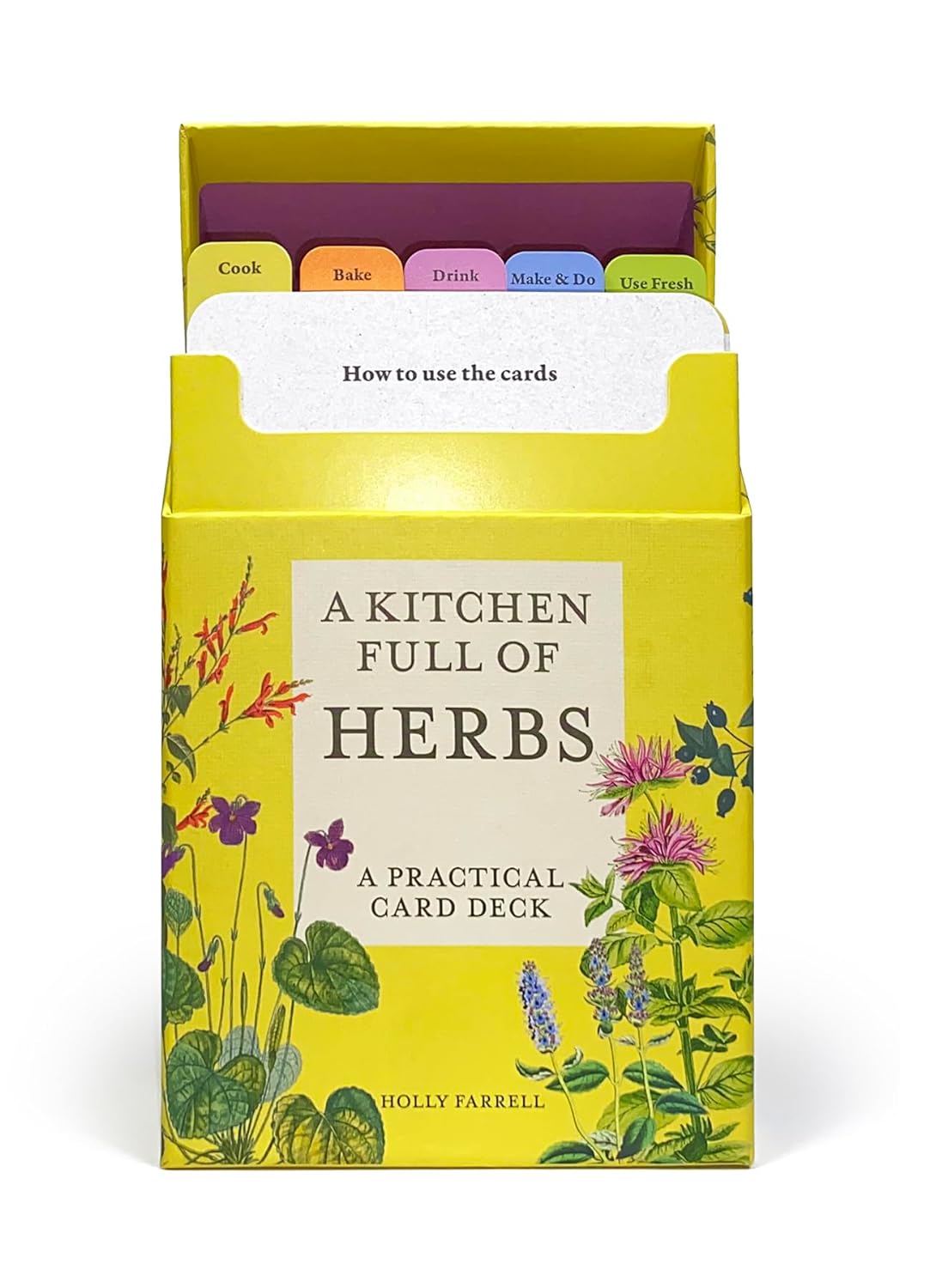 A boxed practical card deck titled 'A KITCHEN FULL OF HERBS' by Holly Farrell, featuring colorful illustrated herb cards and a yellow cover with a floral design.