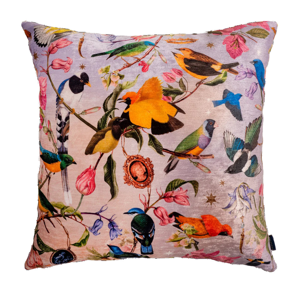Add a touch of opulence and warmth to any space with this lavishly decorated velvet throw pillow. Featuring a vibrant, vintage style bird print on a dusty lavender base on the front, and a beautifully contrasting golden-colored Art Nouveau print on the reverse. Double-sided. Invisible zipper. 18" x 18".
