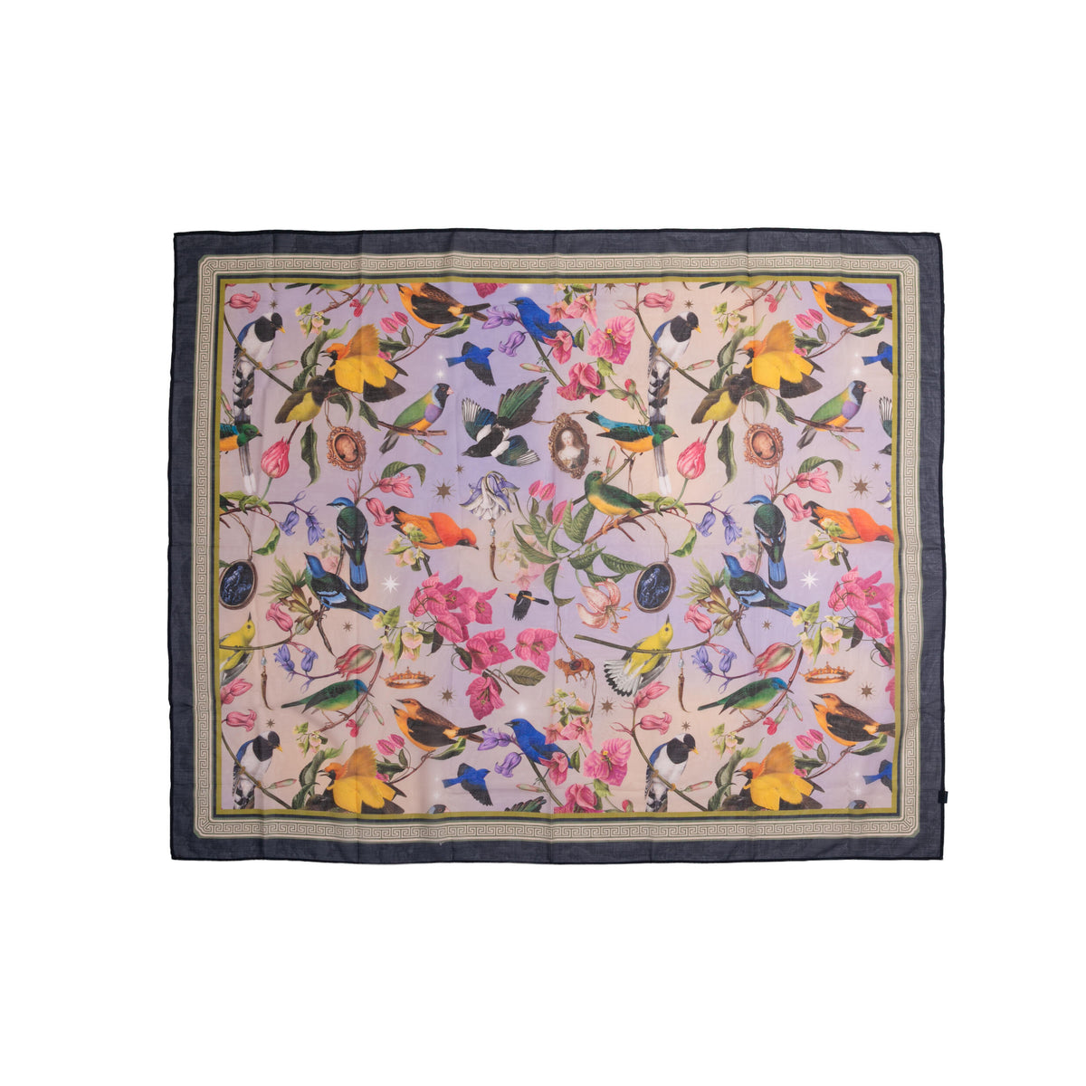 Scarf with colorful bird and floral pattern on a white background