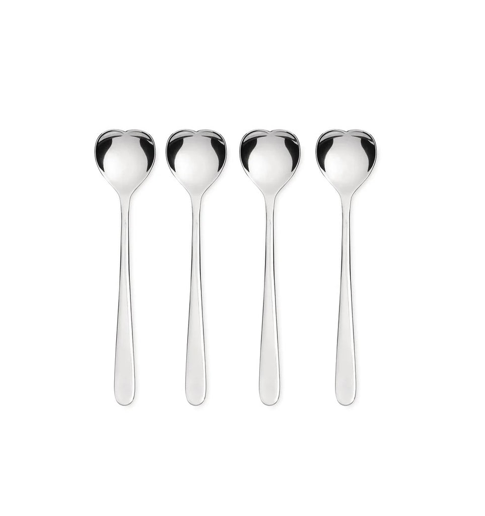 Add a spoonful of love to your favorite drink or dessert with the set of four heart-shaped spoons. Made of high quality, durable, 18/10 stainless steel. Set of four stainless steel spoons Dimensions: Each spoon is 6.7" long. By Miriam Mirri for Alessi.