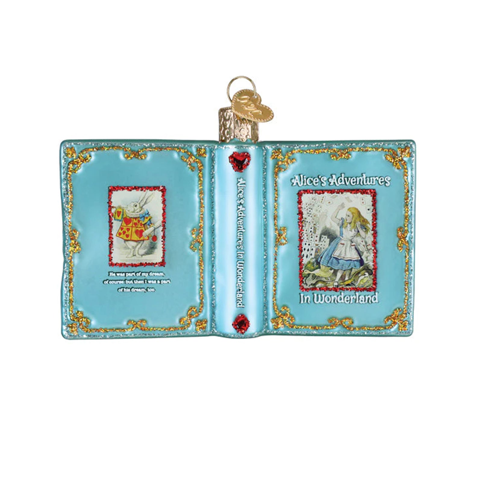 Decorative ornament shaped like an 'Alice in Wonderland' open book with various small figurines on a white background