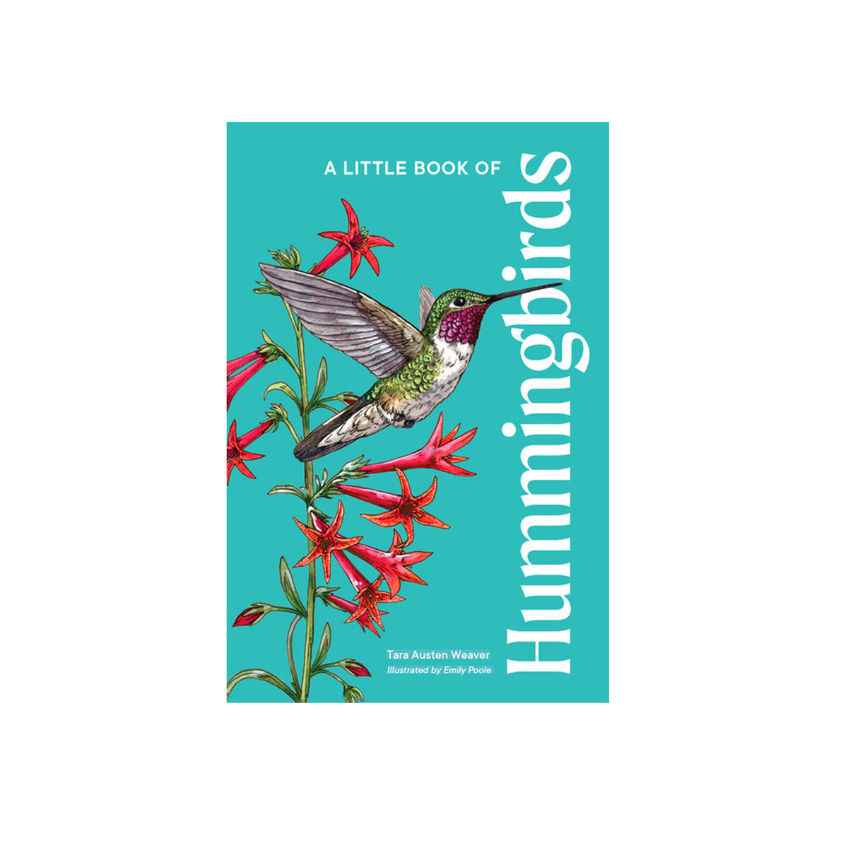 Book cover of 'A Little Book of Hummingbirds' with a hummingbird and flowers on a teal background