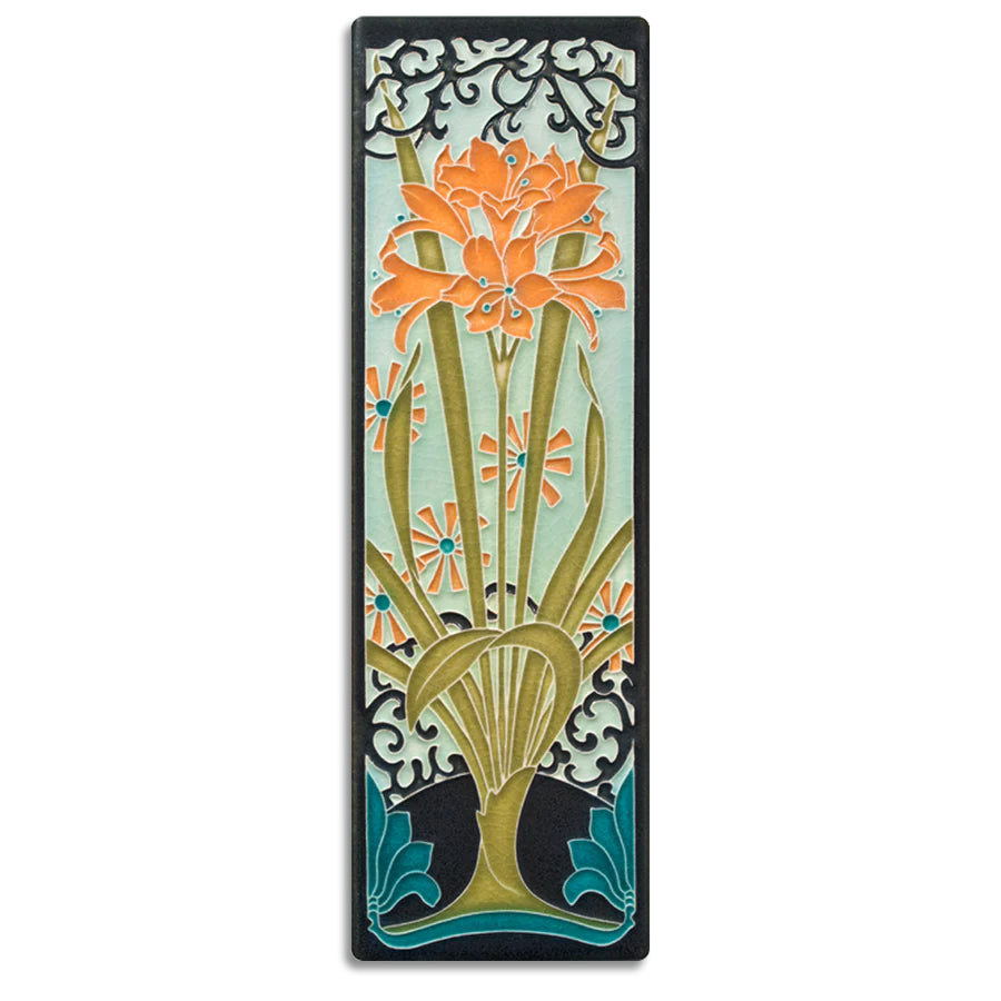 This design is adapted from a finely detailed four-piece panel attributed to Leon Victor Solon while he was working at Mintons. It features a beautiful Amaryllis flower. As each Motawi tile is crafted by hand, dimensions may vary slightly by up to 1/16". Tiles are 5/8" thick and have a notch at the back for hanging.