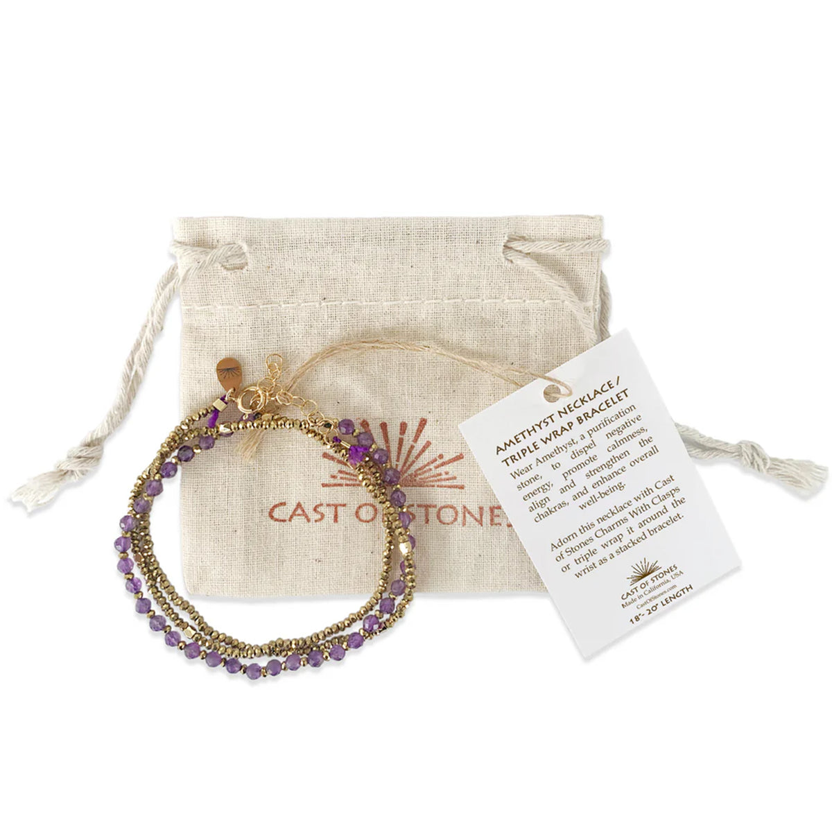 Amethyst necklace with gold accents on a white background, featuring a branded pouch and card.