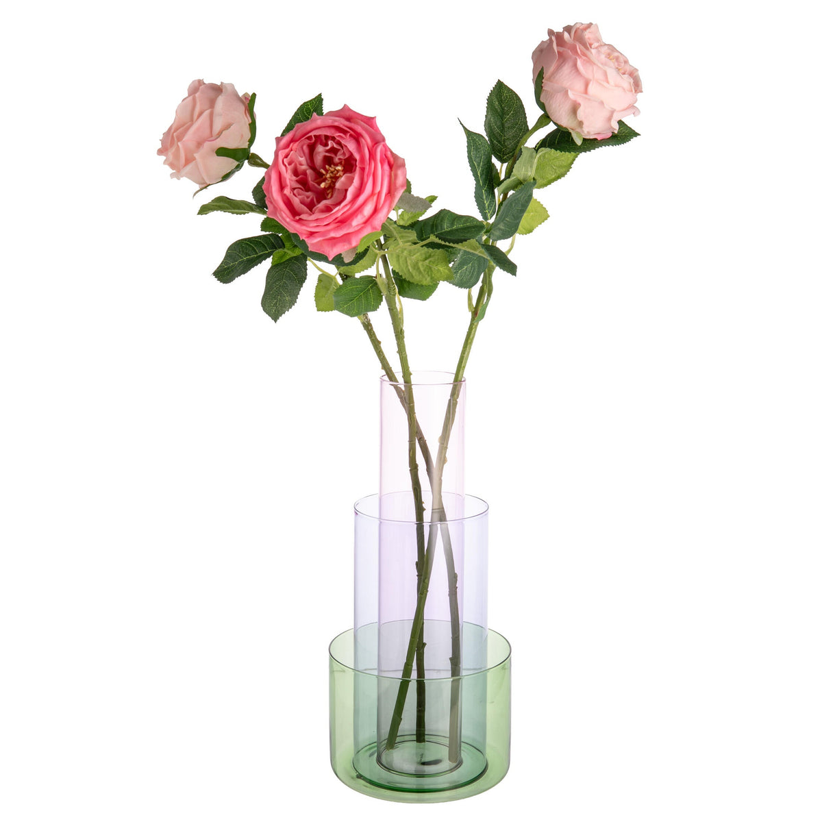 Clear vase with pink roses on a white background