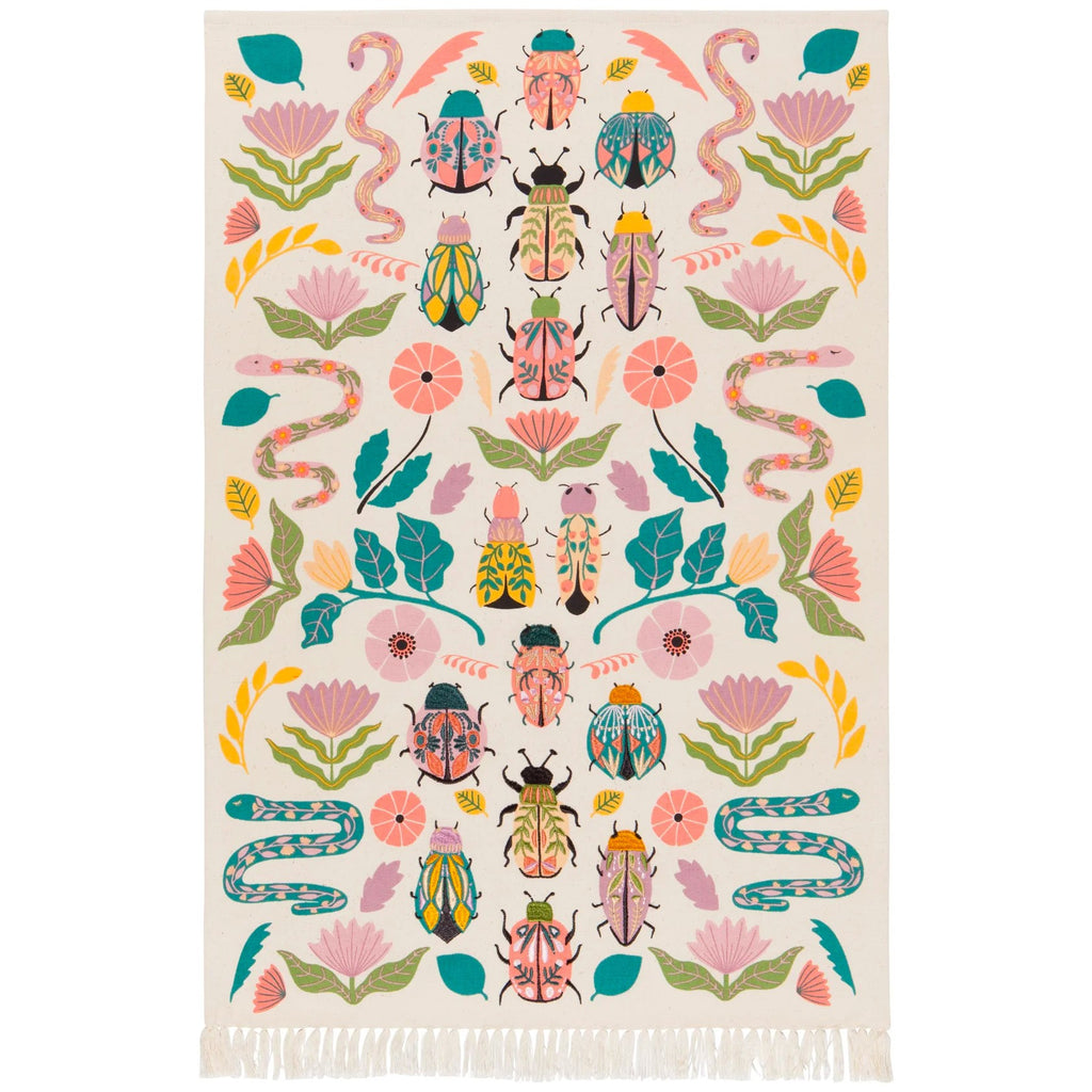 This richly embroidered tea towel features vibrantly decorated bugs, snakes and flowers. It is finished off with playful tassels to add a fun and functional flourish to your kitchen. Dimensions: W18 x L28in Material: Body: 100% Cotton Embroidery: 100% Polyester Care Instructions: Machine wash cold, hang to dry.