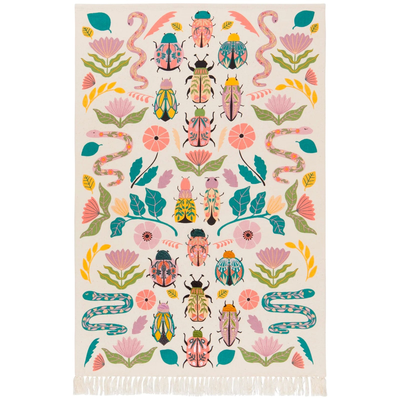 This richly embroidered tea towel features vibrantly decorated bugs, snakes and flowers. It is finished off with playful tassels to add a fun and functional flourish to your kitchen. Dimensions: W18 x L28in Material: Body: 100% Cotton Embroidery: 100% Polyester Care Instructions: Machine wash cold, hang to dry.