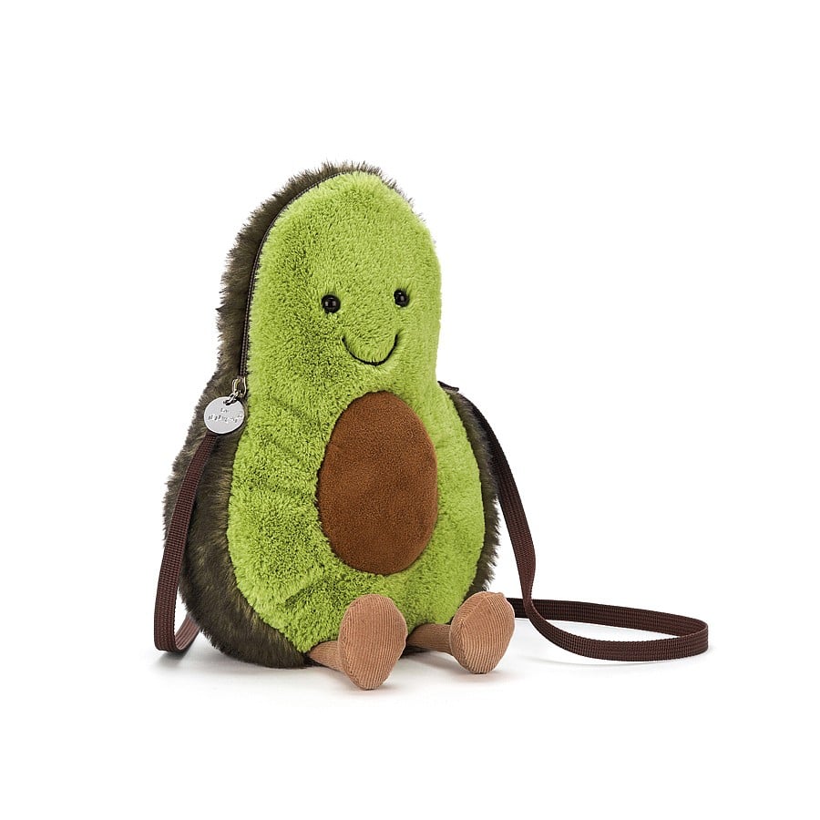 Avo-cuddle on the go with the super-soft Amuseable Avocado Bag. This adorable two-tone green cross body boasts a sleek matching strap, and ample storage in its belly for all your necessities. Its suedey stone and sweet smile will always ensure you stand out in a crowd. Size: 11" x 6" Strap 46". Recommended for 3 yrs+.