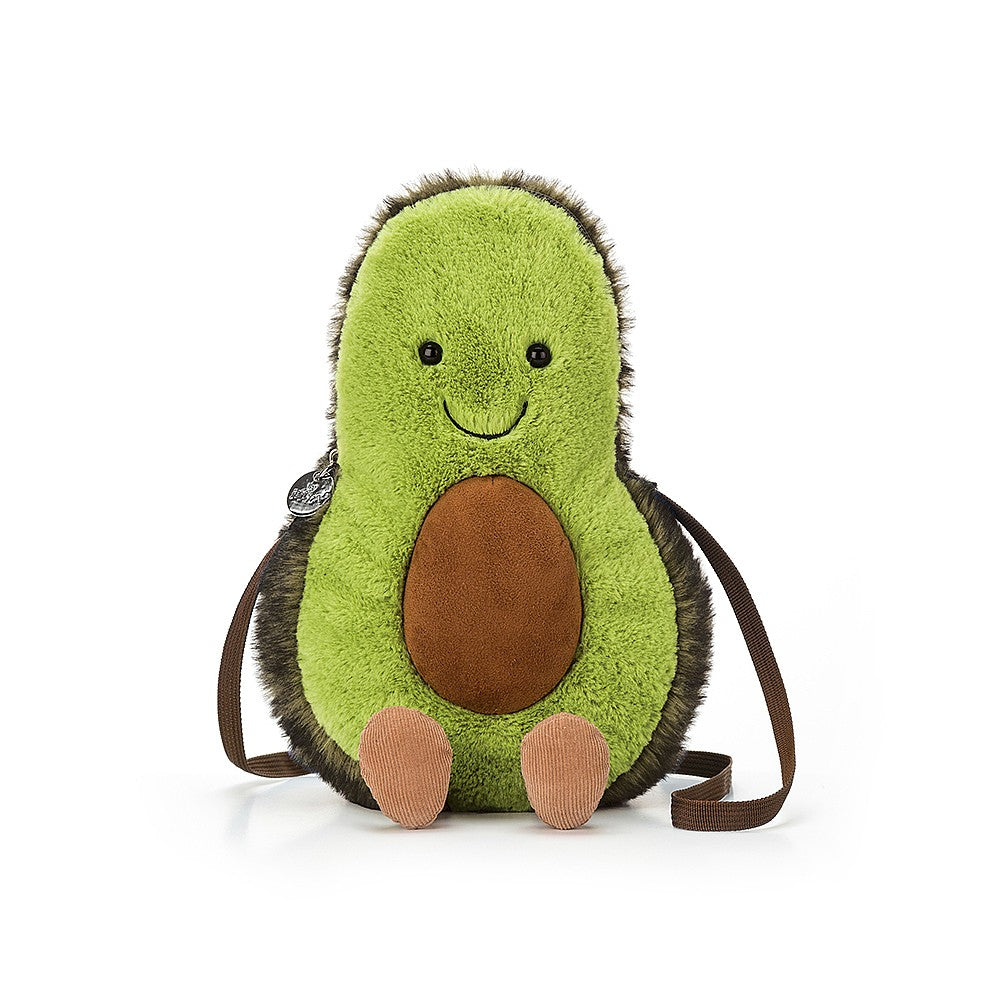 Avo-cuddle on the go with the super-soft Amuseable Avocado Bag. This adorable two-tone green cross body boasts a sleek matching strap, and ample storage in its belly for all your necessities. Its suedey stone and sweet smile will always ensure you stand out in a crowd. Size: 11" x 6" Strap 46". Recommended for 3 yrs+.