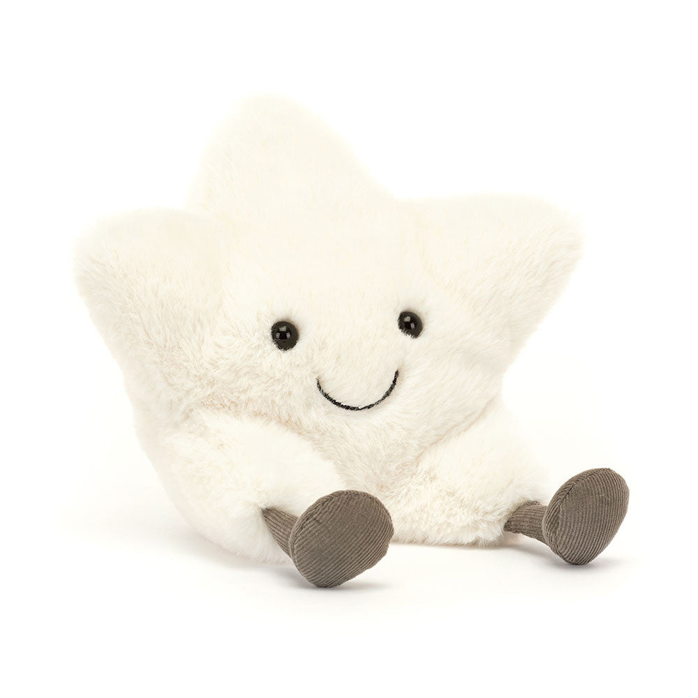 Amuseables Cream Star has fallen down, but at least they've had a soft landing! This bright-eyed star has heavenly fur in fluffy meringue folds. Sitting up well on a weighted base, they're kicking up those truffle cord boots! Dimensions: 9.4in x 8.3in x 3.5in. Suitable from birth.