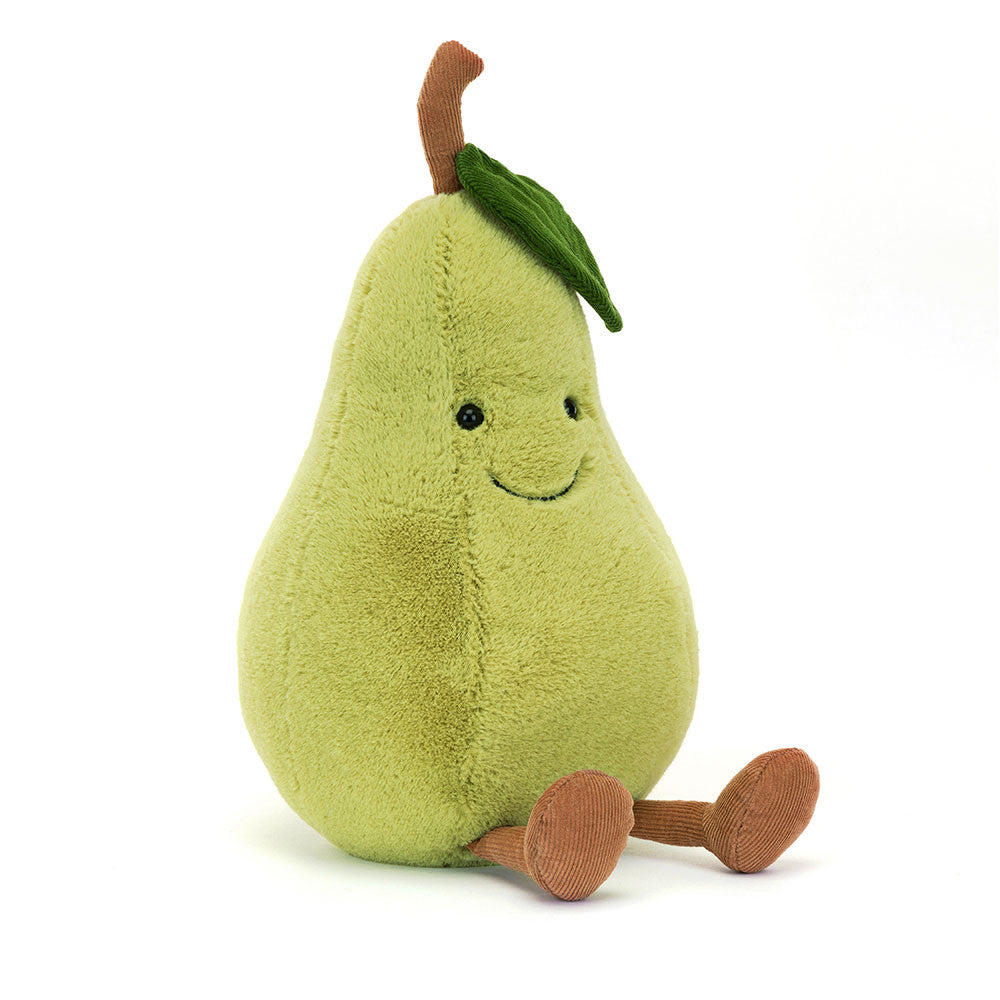 With fresh green fur, chocolate cord boots and a gorgeous chubby tummy, Amuseables Pear has good reason to smile! With a weighted base, woody stalk, and dark-green cord leaf, this pear makes an excellent kitchen mascot! Dimensions: 9.4in x 5.1in x 4.7in. Suitable from birth.