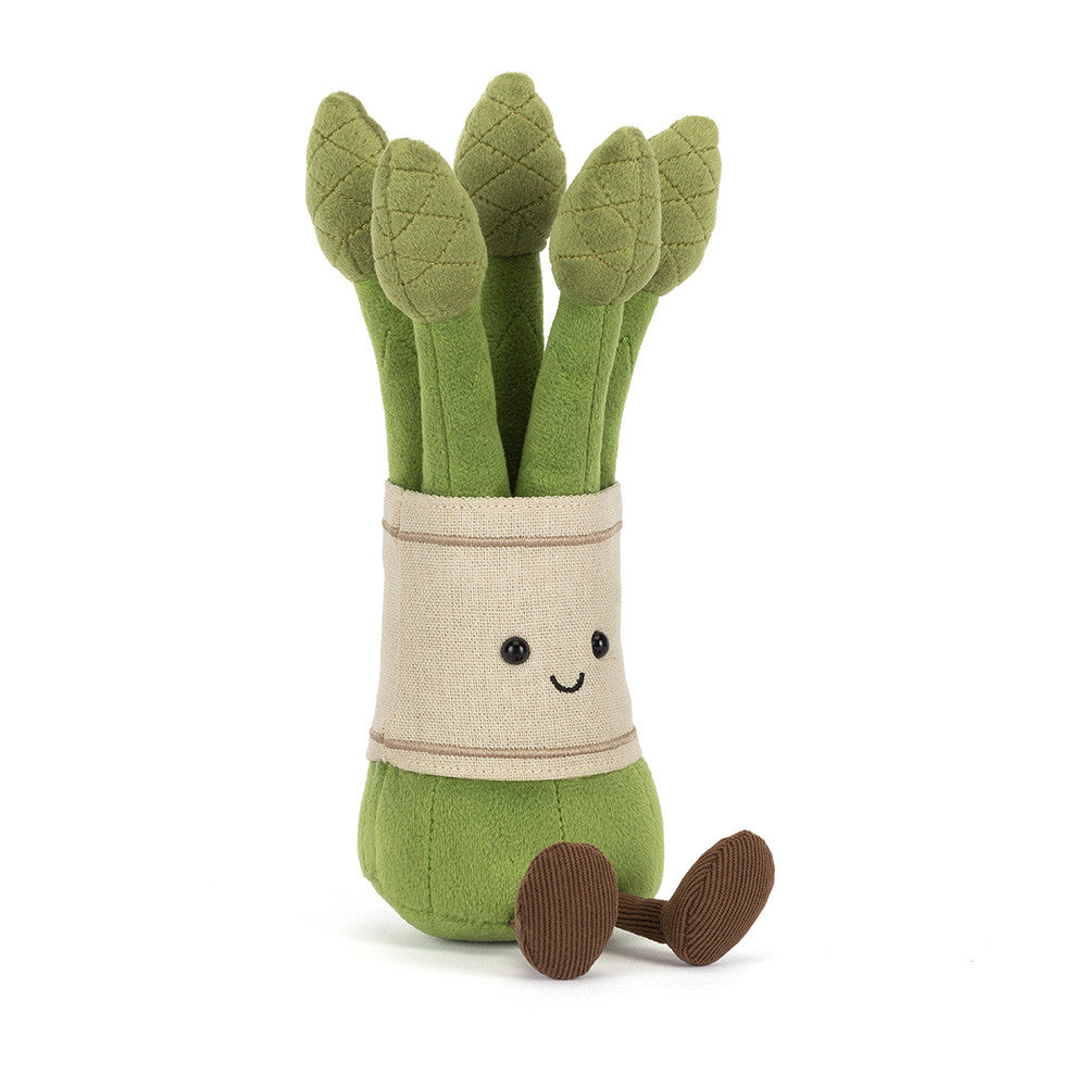 Plush toy Jellycat Amuseables Asparagus with a smiling face on a white background
