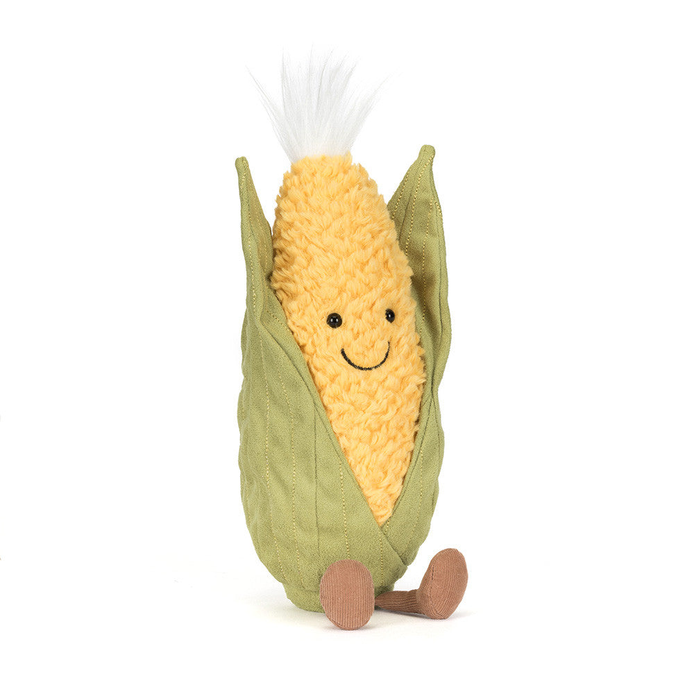 Plush toy Jellycat Amuseable resembling a corn cob on the cob with a smiling face on a white background