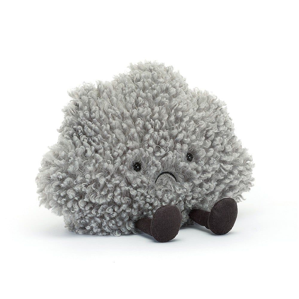 Amuseable Storm Cloud might look overcast, but everyone who sees this fluffy grump breaks into a big smile! With tufty grey fleece, charcoal cord boots, embroidered frown and beany base, this cloud has hugs for gloomy days. Dimensions: 9" x 10". Suitable from birth.