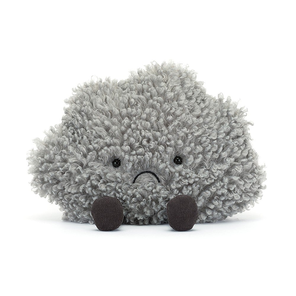 Amuseable Storm Cloud might look overcast, but everyone who sees this fluffy grump breaks into a big smile! With tufty grey fleece, charcoal cord boots, embroidered frown and beany base, this cloud has hugs for gloomy days. Dimensions: 9" x 10". Suitable from birth.