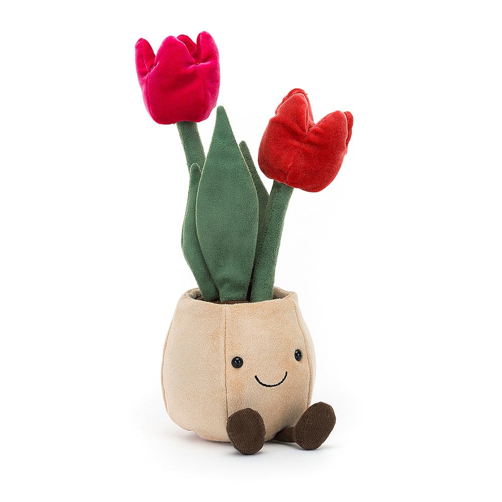 Amuseable Tulip Pot is cute, cheery, and very easy to care for! This gorgeous workmate has a beige felt pot, fudge cord boots and soft suedette leaves. With hot-pink and cherry-red textured tulips, this plant brightens any desk. Dimensions: 12" x 4". Suitable from birth. 