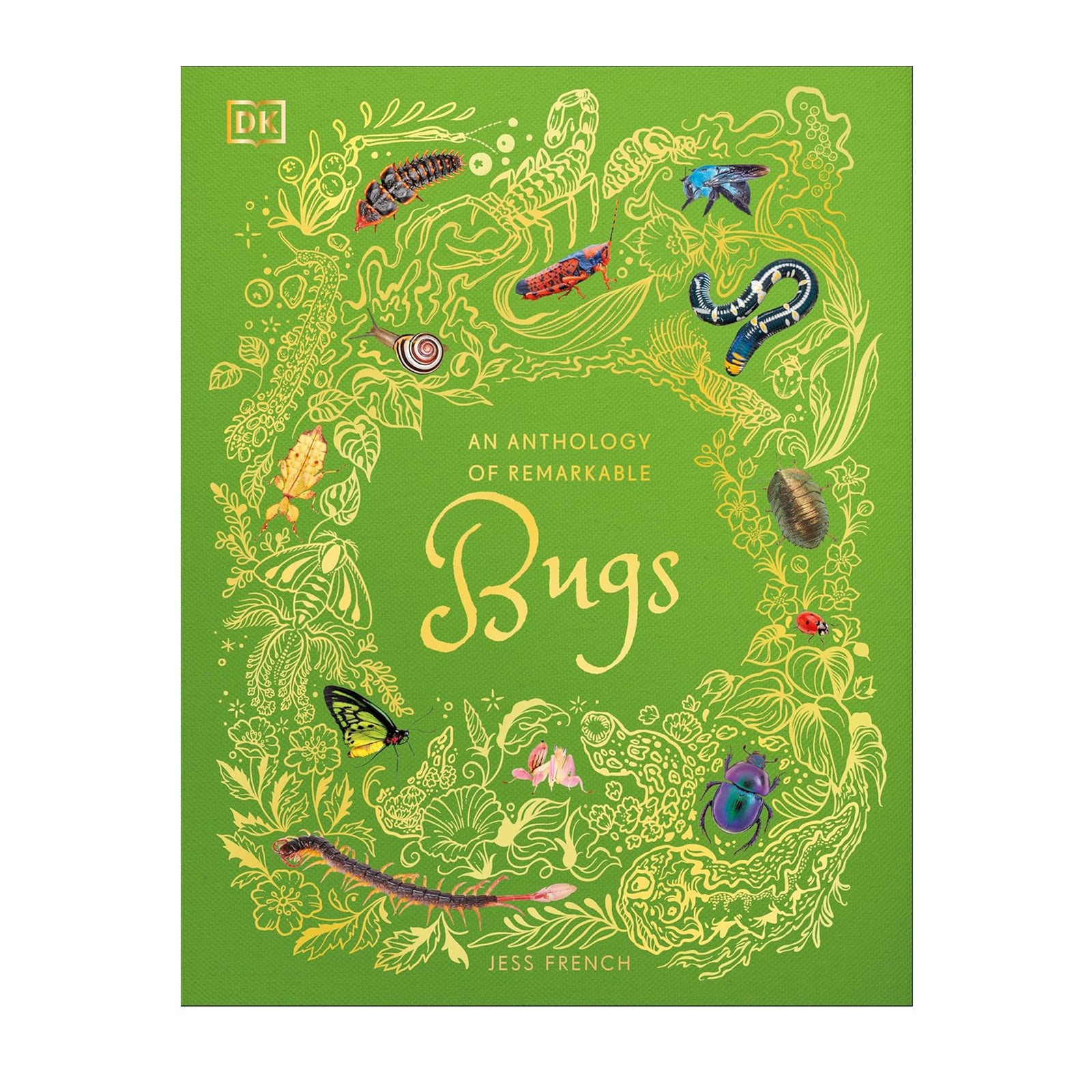Book cover of An Anthology of Remarkable Bugs with a green cover decorated with illustrations of insects, on a white background.