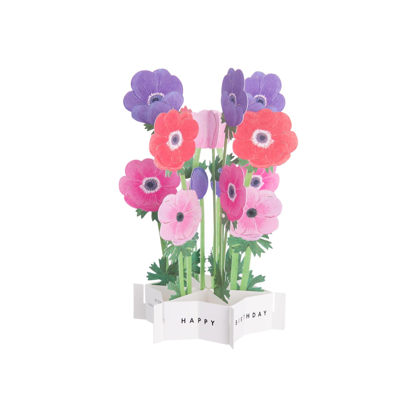 3D floral card with pink and purple flowers on a white background
