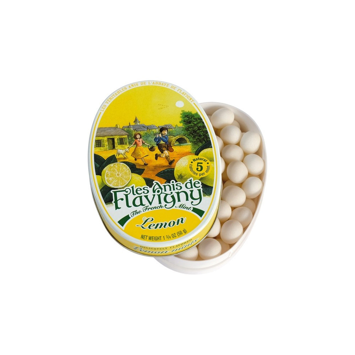 A round tin of Les Anis de Flavigny lemon-flavored candy, with the lid partly covering the open tin which reveals off-white round gumdrops inside, on a white background.