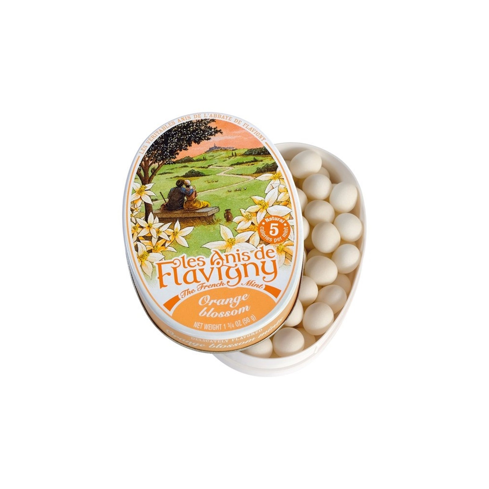 A vintage style tin with orange flavored mints displayed in front of it, against a white background.