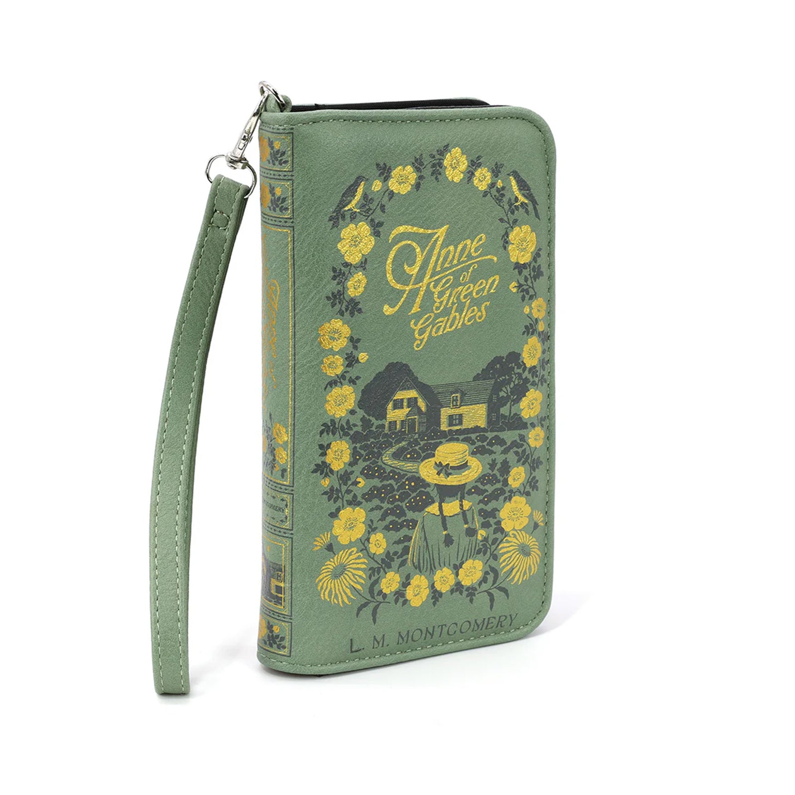 Green wallet with 'Anne of Green Gables' design on a white background