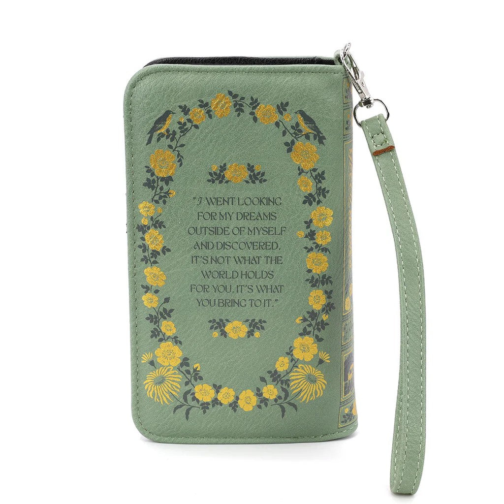 Green wallet with yellow floral designs and text on a white background