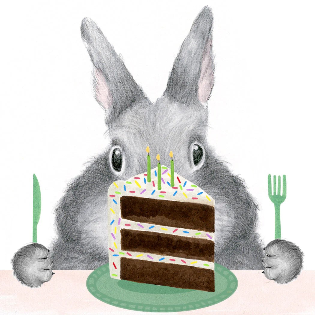 Look out. Those grey hares like to sneak up on you...and your cake. Help a loved one celebrate their special day with this cute and fun Birthday Card. Dimensions: 4 ¼" x 5 ½" Printed on soft white paper and paired with a matching soft white envelope. Blank interior for personal message. Made in the USA.