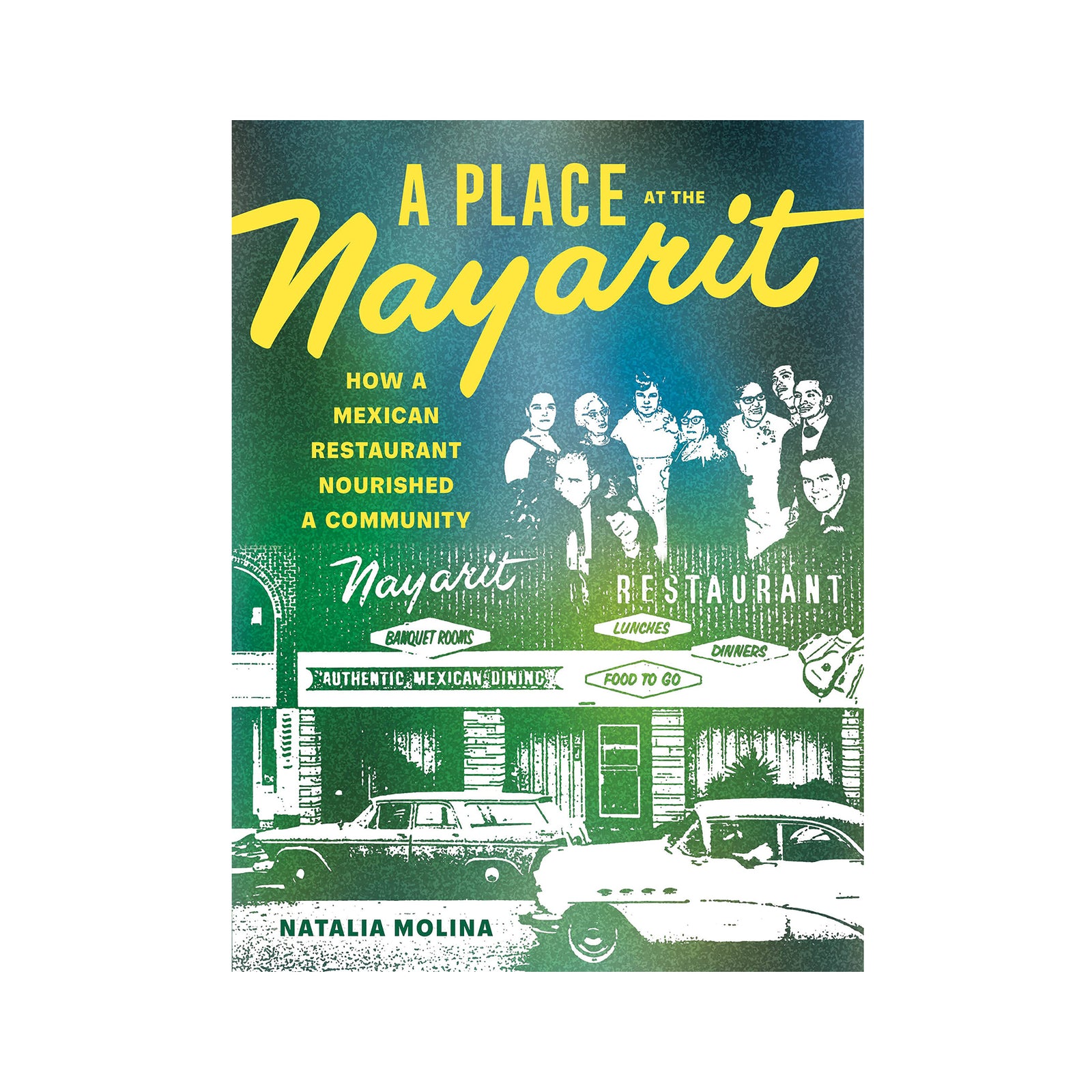 Book cover of 'A Place at the Nayarit' with vintage restaurant illustration and text.