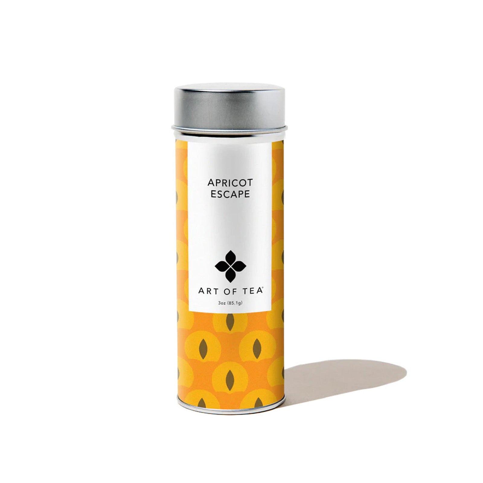 Tea canister labeled 'Apricot Escape' by 'Art of Tea' on a white background