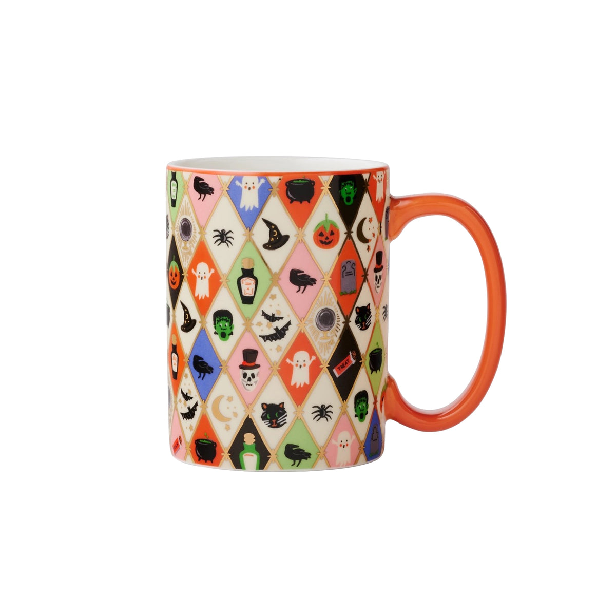 A ceramic mug with a vibrant orange handle and interior, featuring a multicolor Halloween-themed harlequin pattern with crows, ghosts, pumpkins, and bats on a white background.
