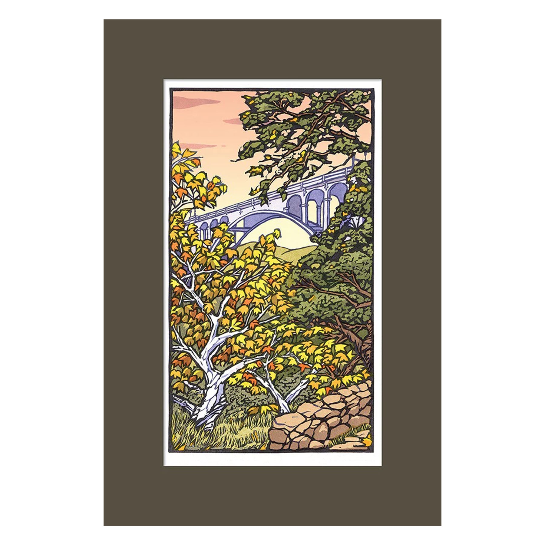 This stunning woodblock print was created by artist Yoshiko Yamamoto. Here, she depicts the picturesque Arroyo Seco with its billowing sycamore trees and majestic oaks form the basis of this delightful scene, with the iconic Colorado Bridge pictured through the branches. Limited edition of 120.  Size: 12" x 18".