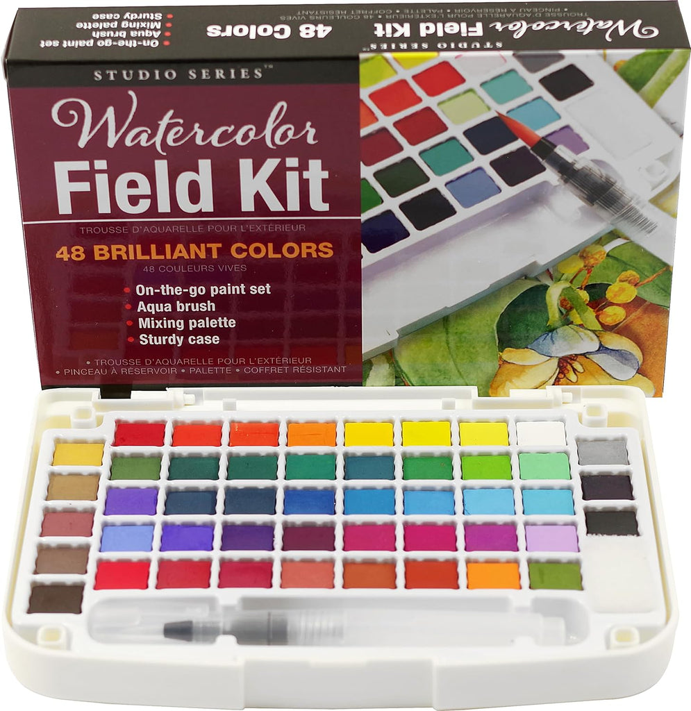 This portable Artist's Watercolor Field Kit lets you paint anywhere inspiration strikes. Packed with 48 half-pans of transparent artist-grade watercolor paints. Includes a refillable aqua brush with a ready-to-go water reservoir in its handle, and a fold-out mixing palette. Dimensions 7.25''x 4.75'' x 1''.