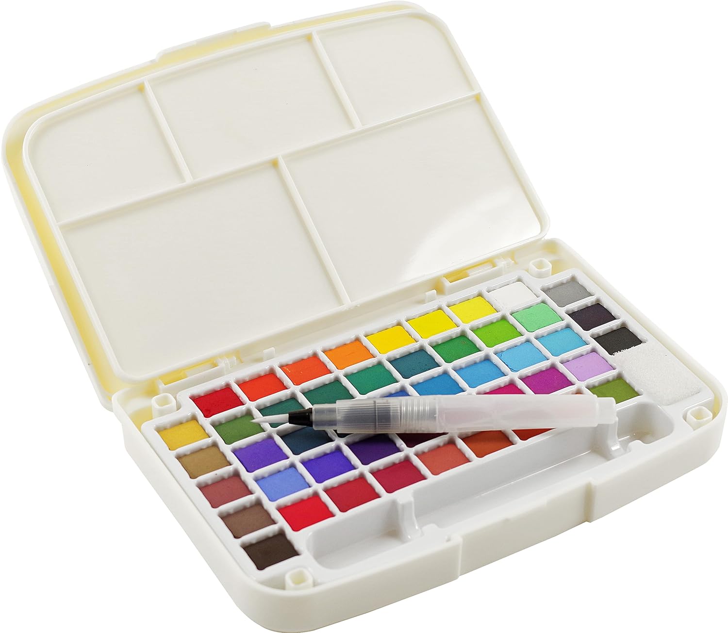 This portable Artist's Watercolor Field Kit lets you paint anywhere inspiration strikes. Packed with 48 half-pans of transparent artist-grade watercolor paints. Includes a refillable aqua brush with a ready-to-go water reservoir in its handle, and a fold-out mixing palette. Dimensions 7.25''x 4.75'' x 1''.